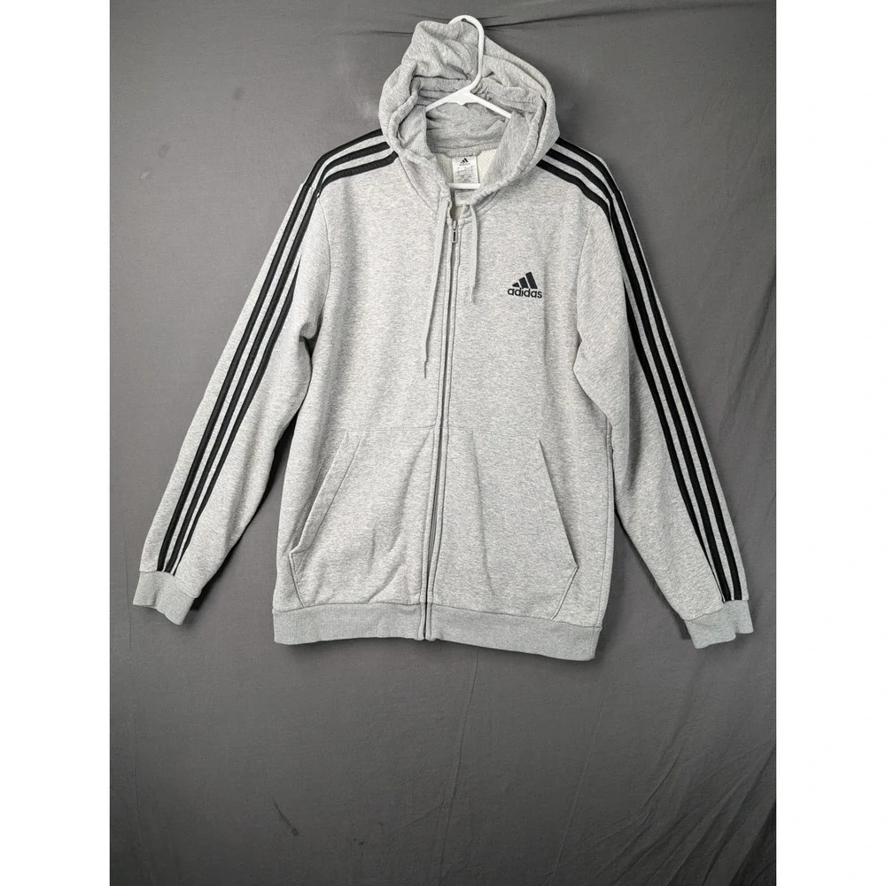 Adidas Mens Gray Essentials 3-Stripes Full Zip Hoodie Sweatshirt Size L 5908